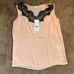 Pink Sleeveless Top with Black Lace Detail